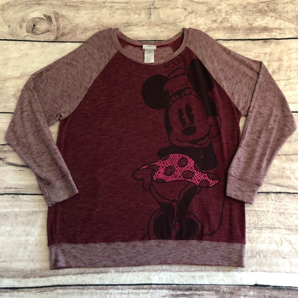 Disney Parks Minnie Mouse Shirt XL Womens Red Burgundy Raglan Top Polka Dot